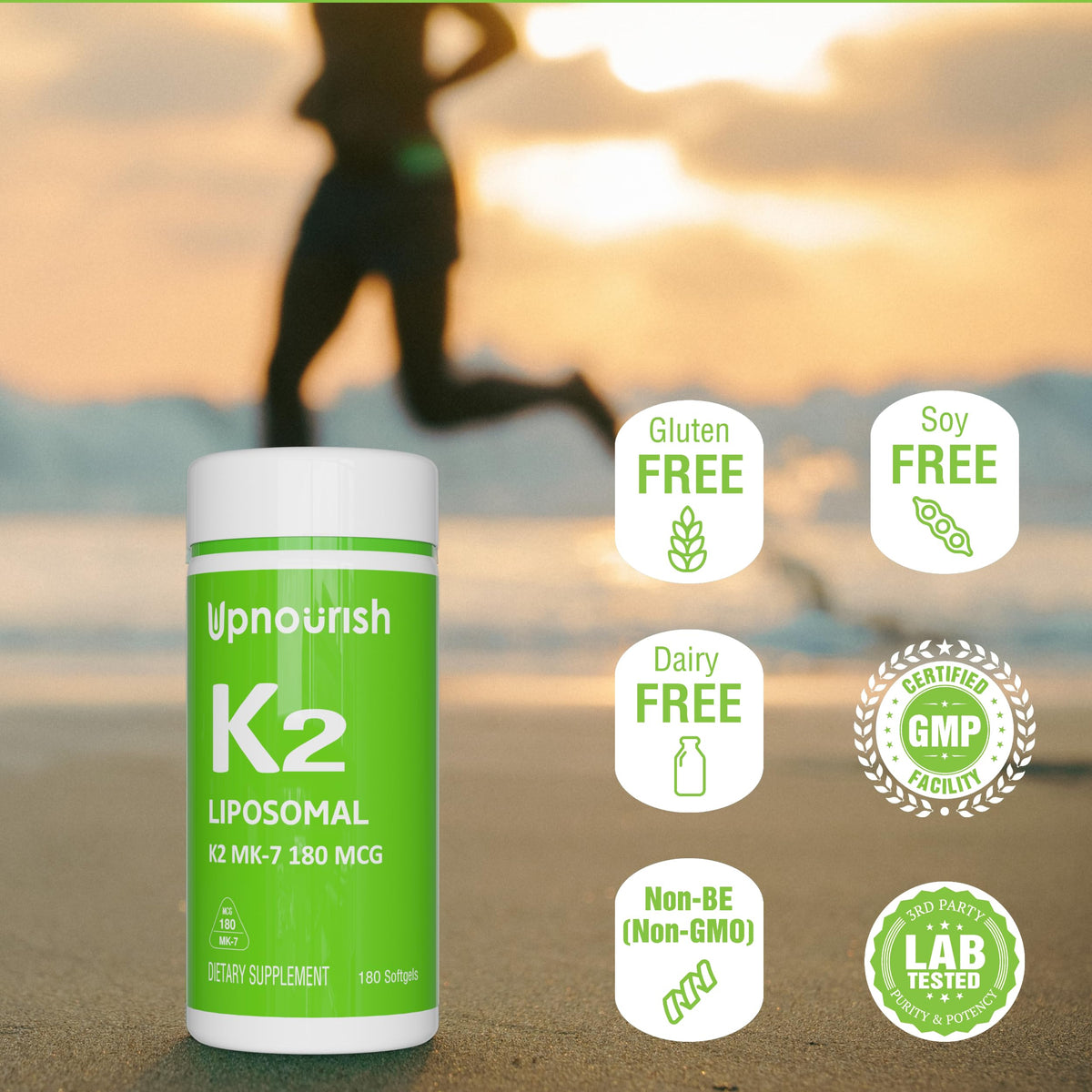Bouteille d'UpNourish Vitamine K2 MK7 sur un plan de travail