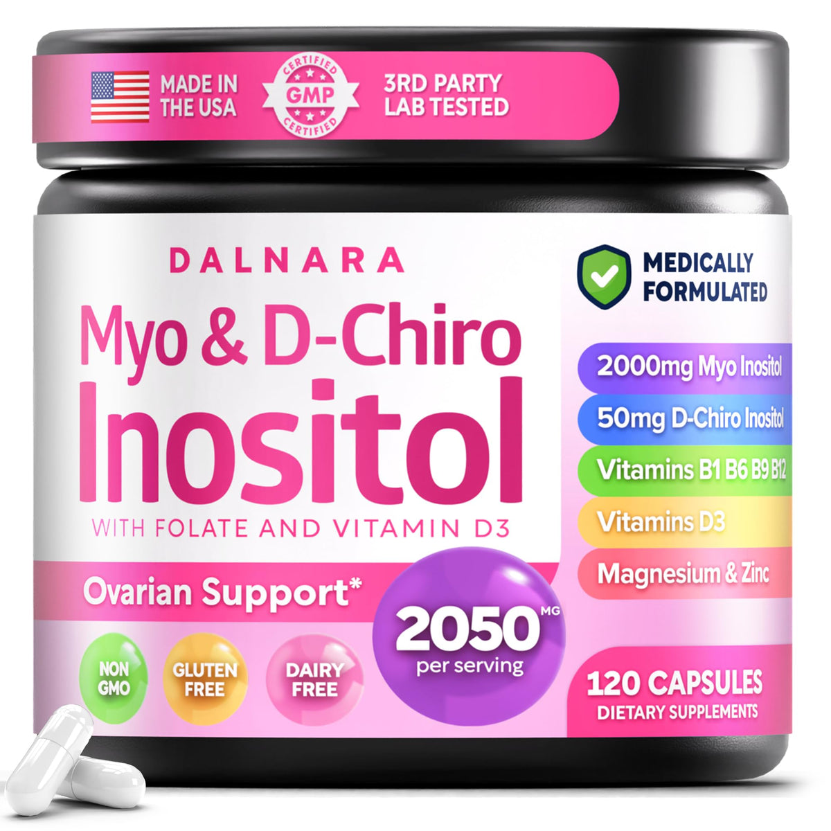 Bouteille Dalnara Myo-Inositol & D-Chiro Inositol 120 capsules vue de face