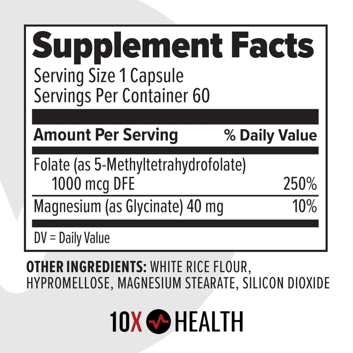 Bouteille de 10X Health 5 MTHF avec capsules à côté