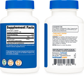 Bouteille de 120 capsules d'acide hyaluronique Nutricost sur fond blanc