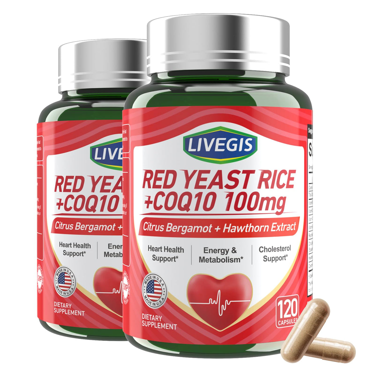 Bouteille de 120 capsules de Riz Rouge LIVEGIS 2000mg CoQ10 100mg