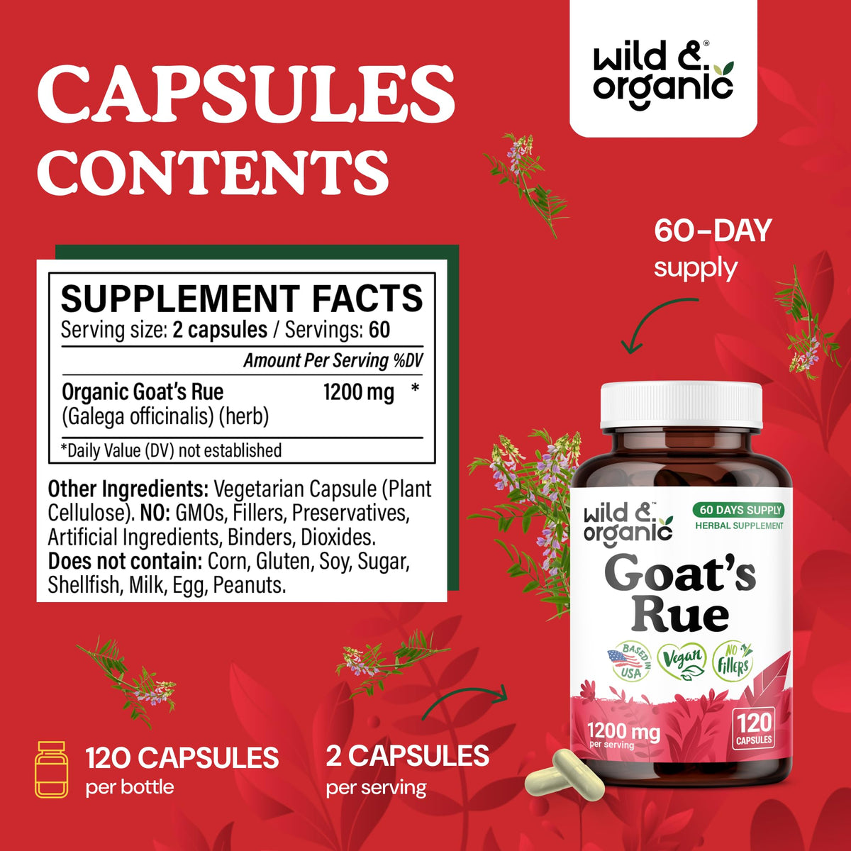 Bouteille de 120 capsules de rue de chèvre, avec étiquette visible