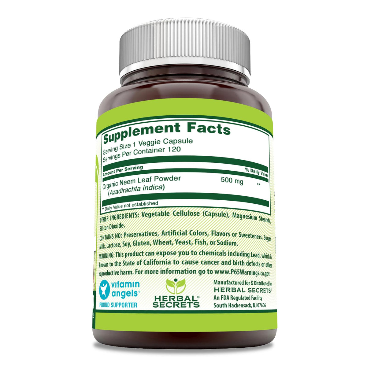Bouteille de 120 capsules végétales Neem Herbal Secrets - côté
