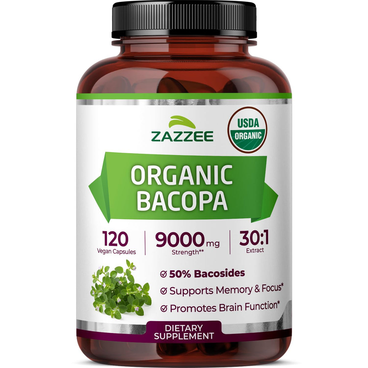 Bouteille de 120 gélules végétales de Bacopa Monnieri Zazzee vue de face
