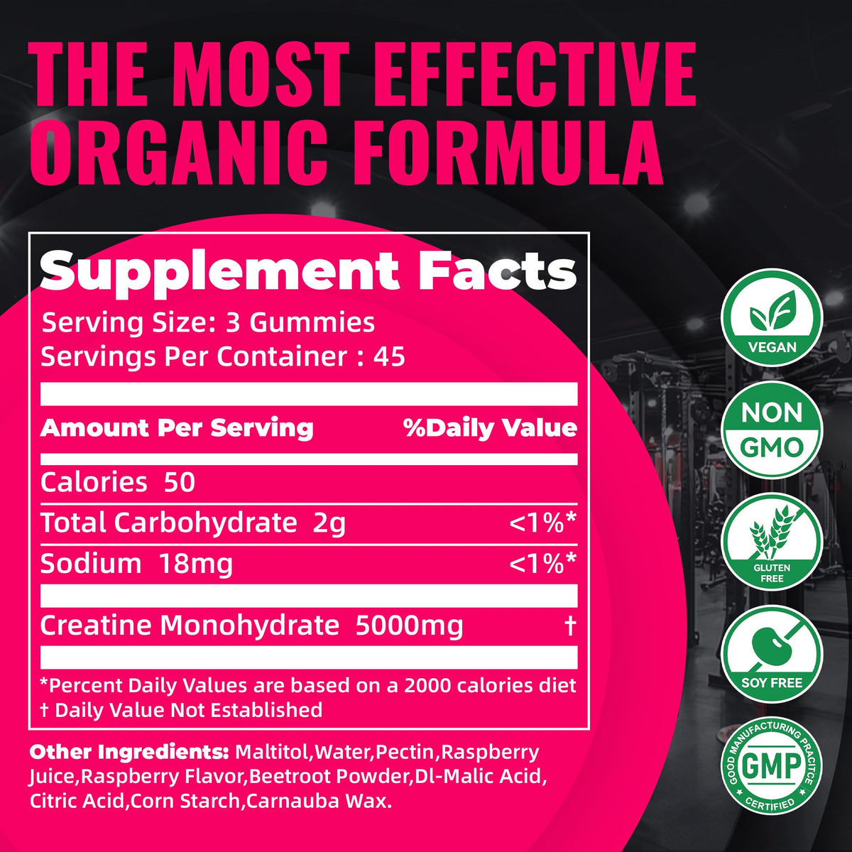 Bouteille de 135 gummies de créatine Natures Aid vue de côté