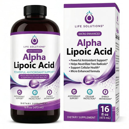 Bouteille de 16 oz d'acide alpha-lipoïque liquide Life Solutions vue de face