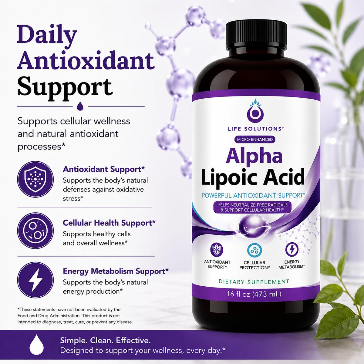Bouteille de 16 oz d'acide alpha-lipoïque liquide montrant l'étiquette