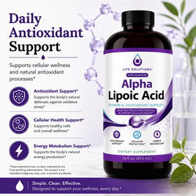 Bouteille de 16 oz d'acide alpha-lipoïque liquide montrant l'étiquette