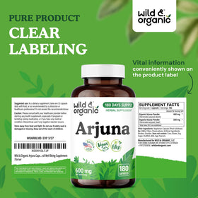 Bouteille de 180 capsules d'écorce d'Arjuna Wild & Organic ouverte