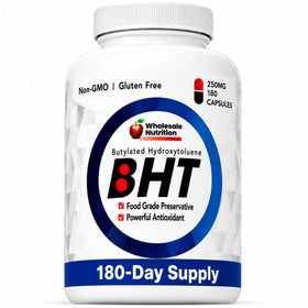 Bouteille de 180 capsules de BHT 250mg de Wholesale Nutrition vue de face