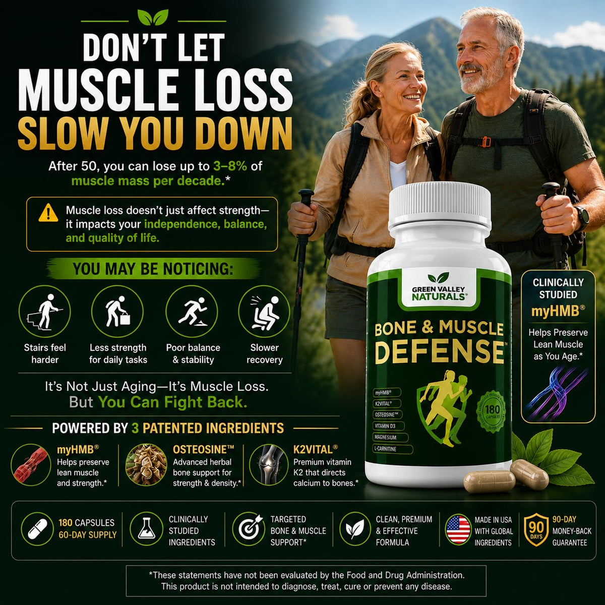 Bouteille de 180 capsules de GREEN VALLEY NATURALS Complément Alimentaire Défense Os & Muscles