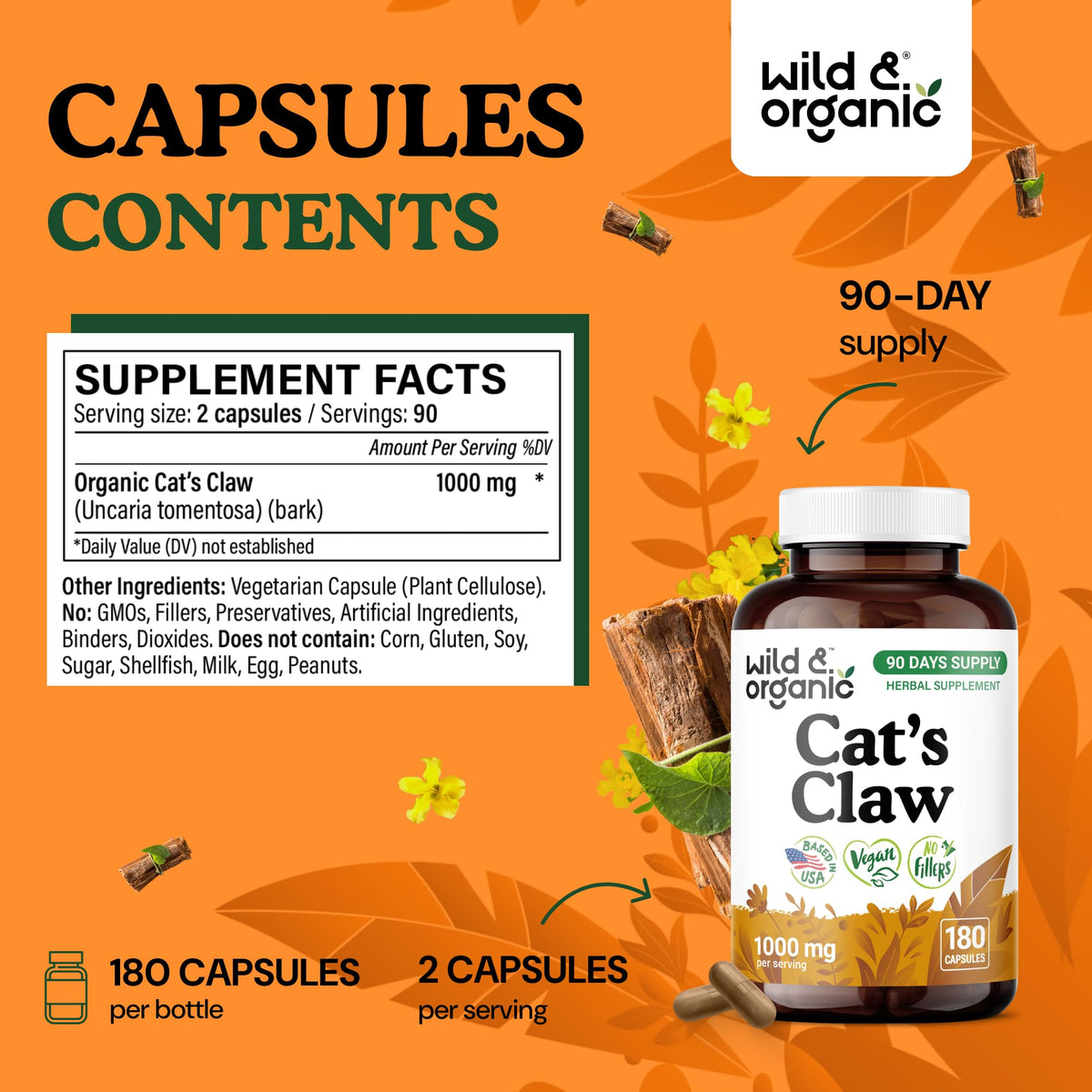 Bouteille de 180 capsules de Griffe du Chat Wild & Organic