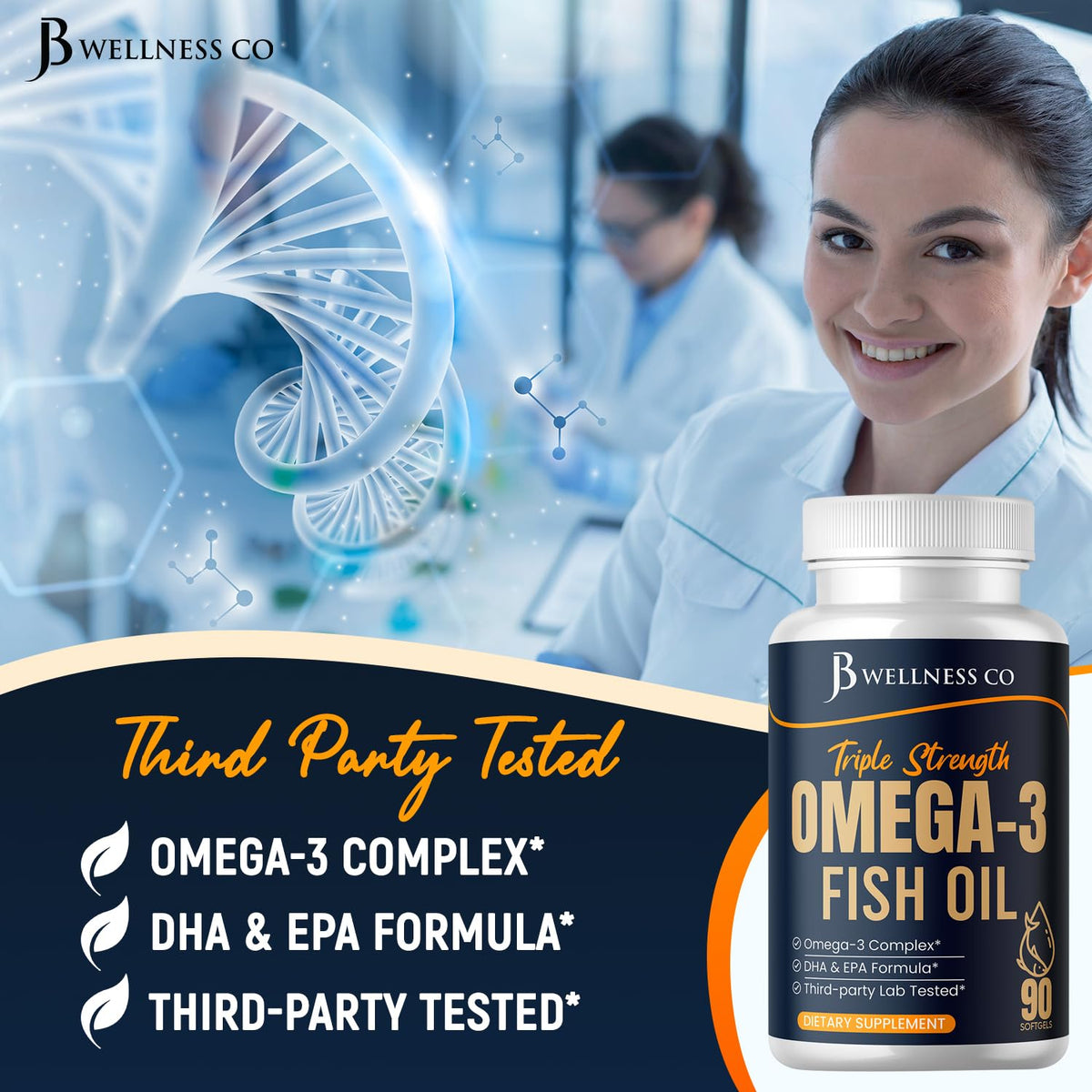 Bouteille de 180 gélules d'huile de poisson Omega 3 JB Wellness Co