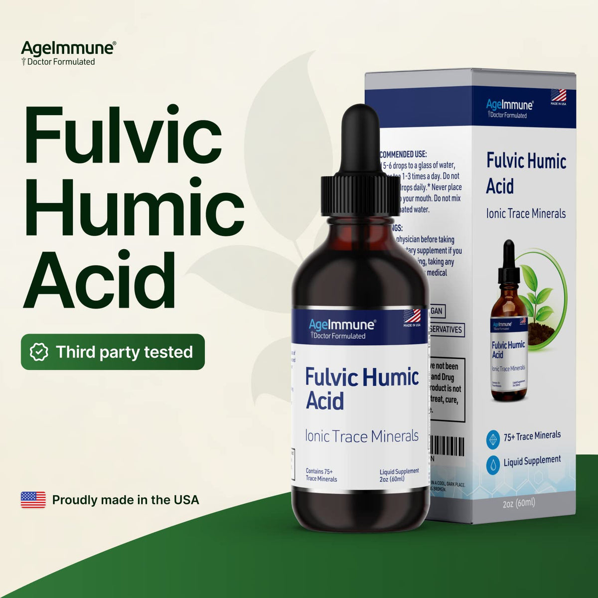Bouteille de 2 oz d'acide fulvique et humique AgeImmune sur fond blanc