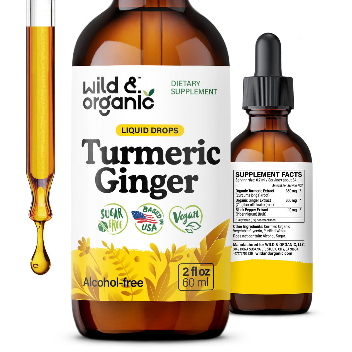 Bouteille de 2 oz de Wild & Organic Complément Alimentaire Curcuma et Gingembre