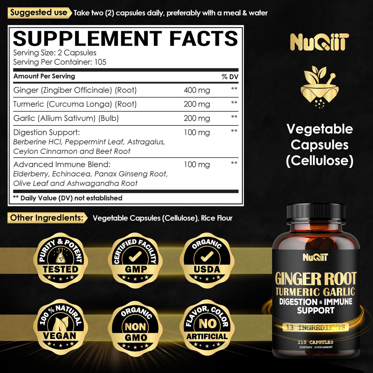 Bouteille de 210 capsules de gingembre NUQIIT sur un fond neutre