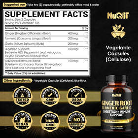 Bouteille de 210 capsules de gingembre NUQIIT sur un fond neutre