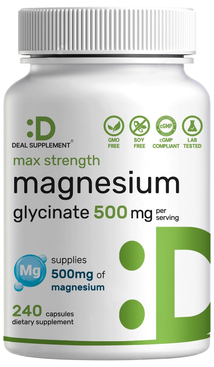 Bouteille de 240 capsules de magnésium glycinate DEAL SUPPLEMENT, vue de face