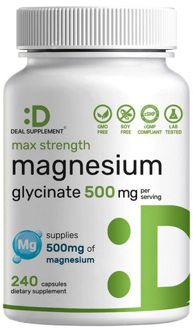 Bouteille de 240 capsules de magnésium glycinate DEAL SUPPLEMENT, vue de face
