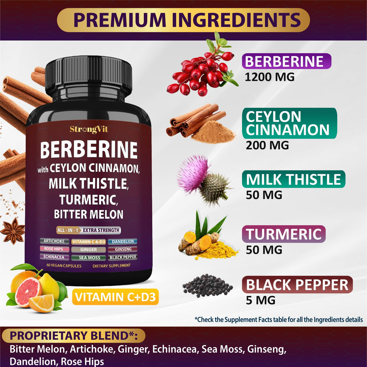 Bouteille de 30 capsules de Berbérine et Cannelle de Ceylan StrongVit