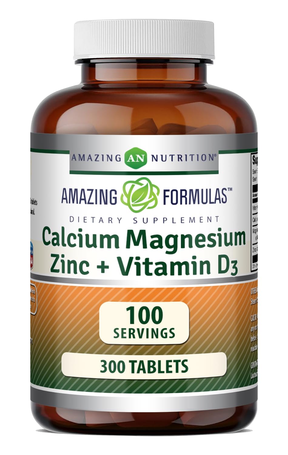 Bouteille de 300 tablettes de Calcium Magnésium Zinc D3 Amazing Nutrition vue de face