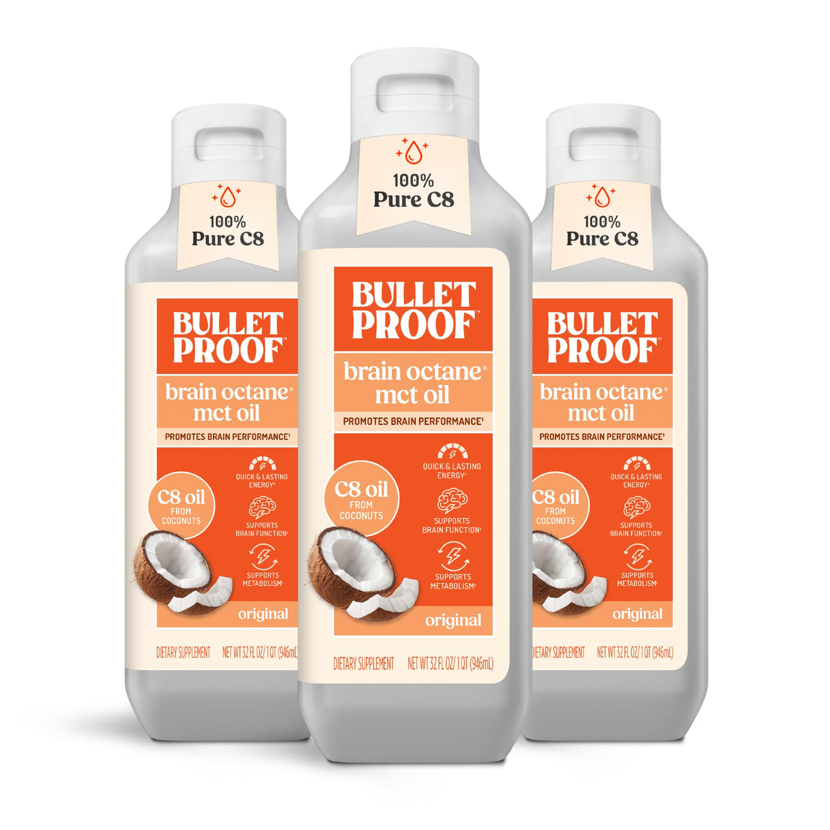 Bouteille de 32 oz d'huile MCT Bulletproof Brain Octane C8 vue de face