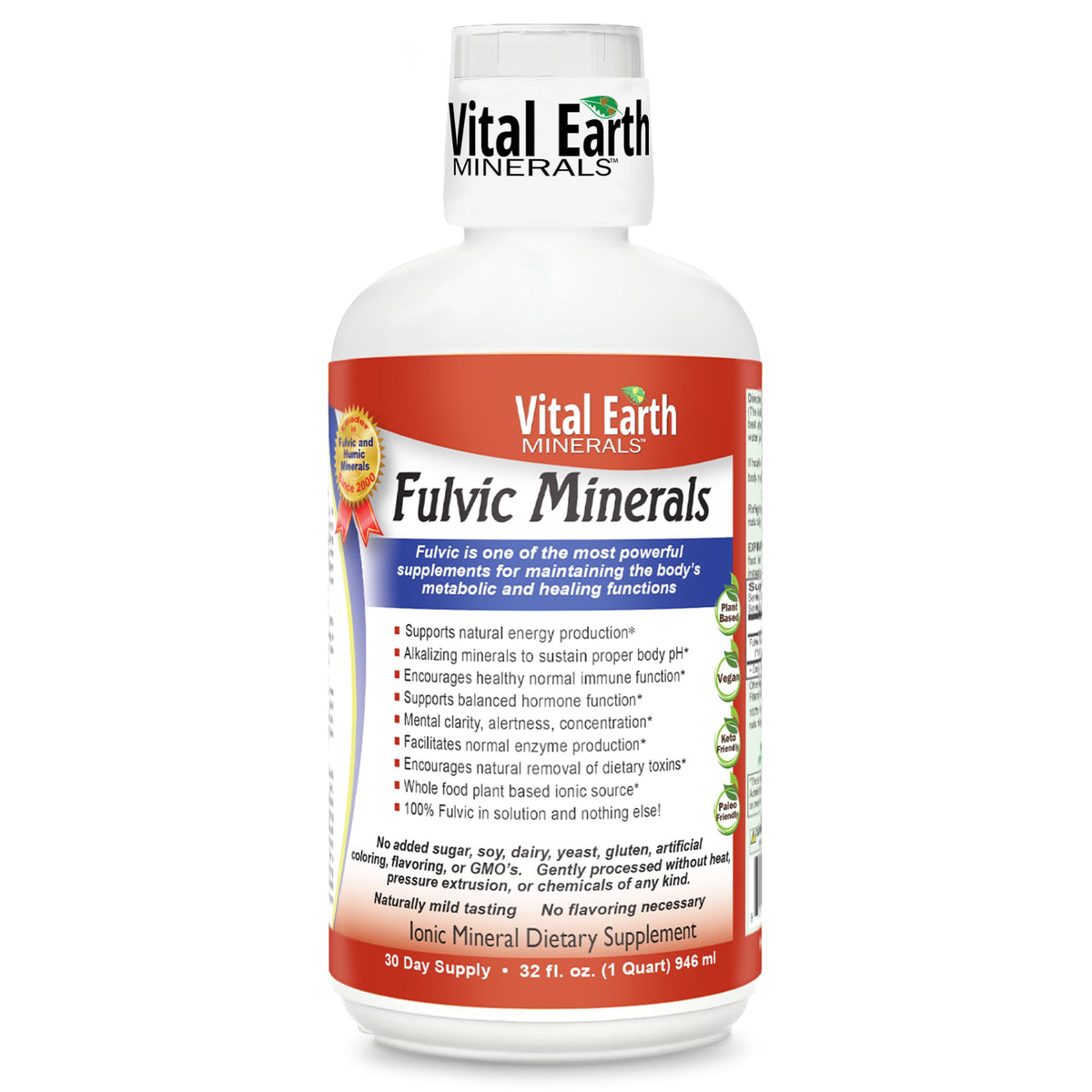 Bouteille de 32 Oz de minéraux fulviques Vital Earth Minerals vue de face