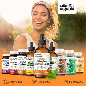 Bouteille de 4 fl. oz de Teinture d'Ortie Wild & Organic sur fond blanc