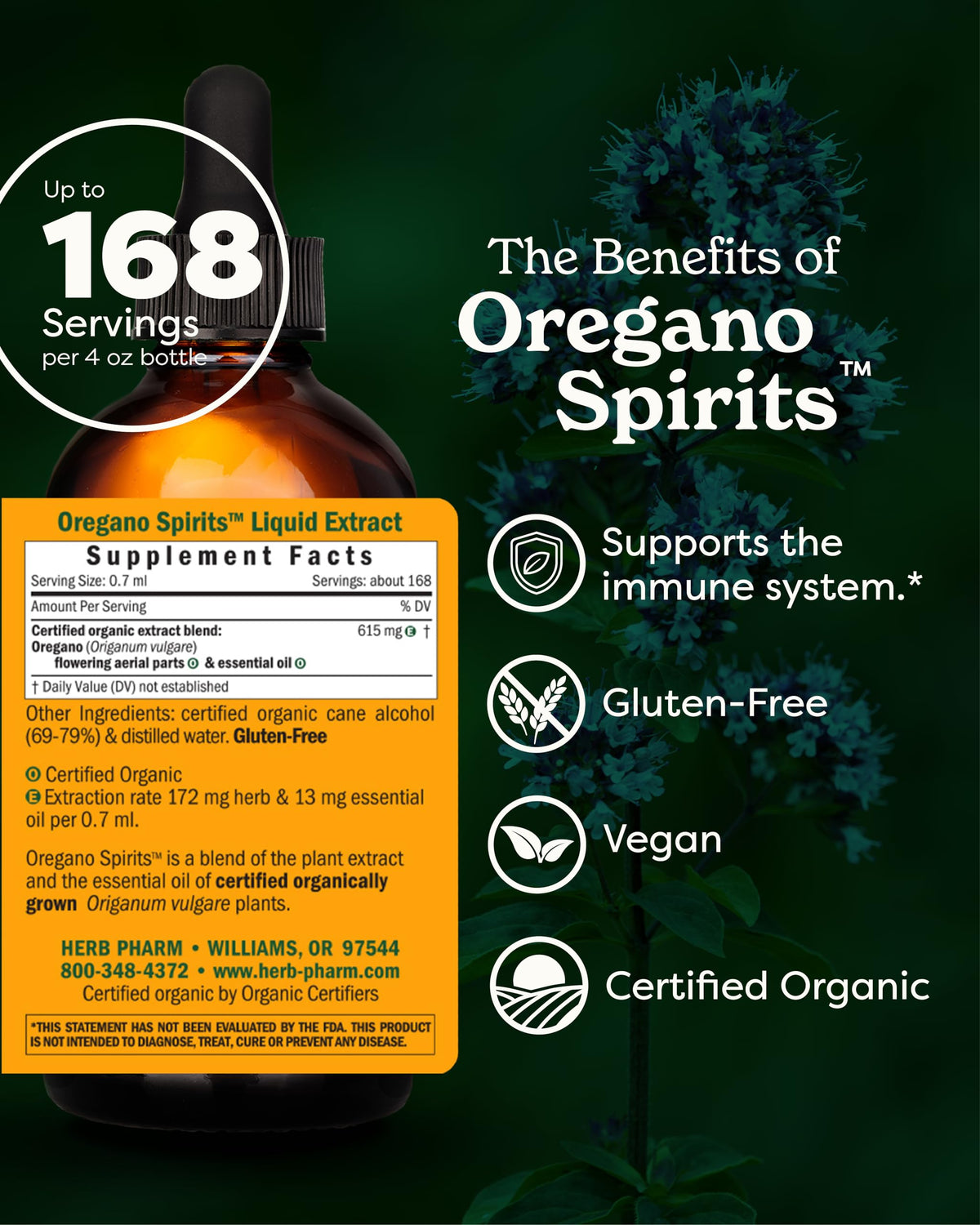 Bouteille de 4 Oz d'extrait d'origan Herb Pharm avec étiquette