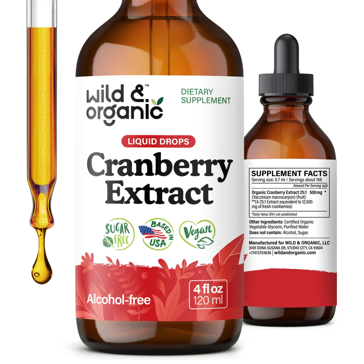 Bouteille de 4 oz d'extrait de canneberge Wild & Organic vue de face