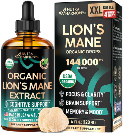 Bouteille de 4 Oz de NUTRAHARMONY Lion's Mane avec étiquette visible