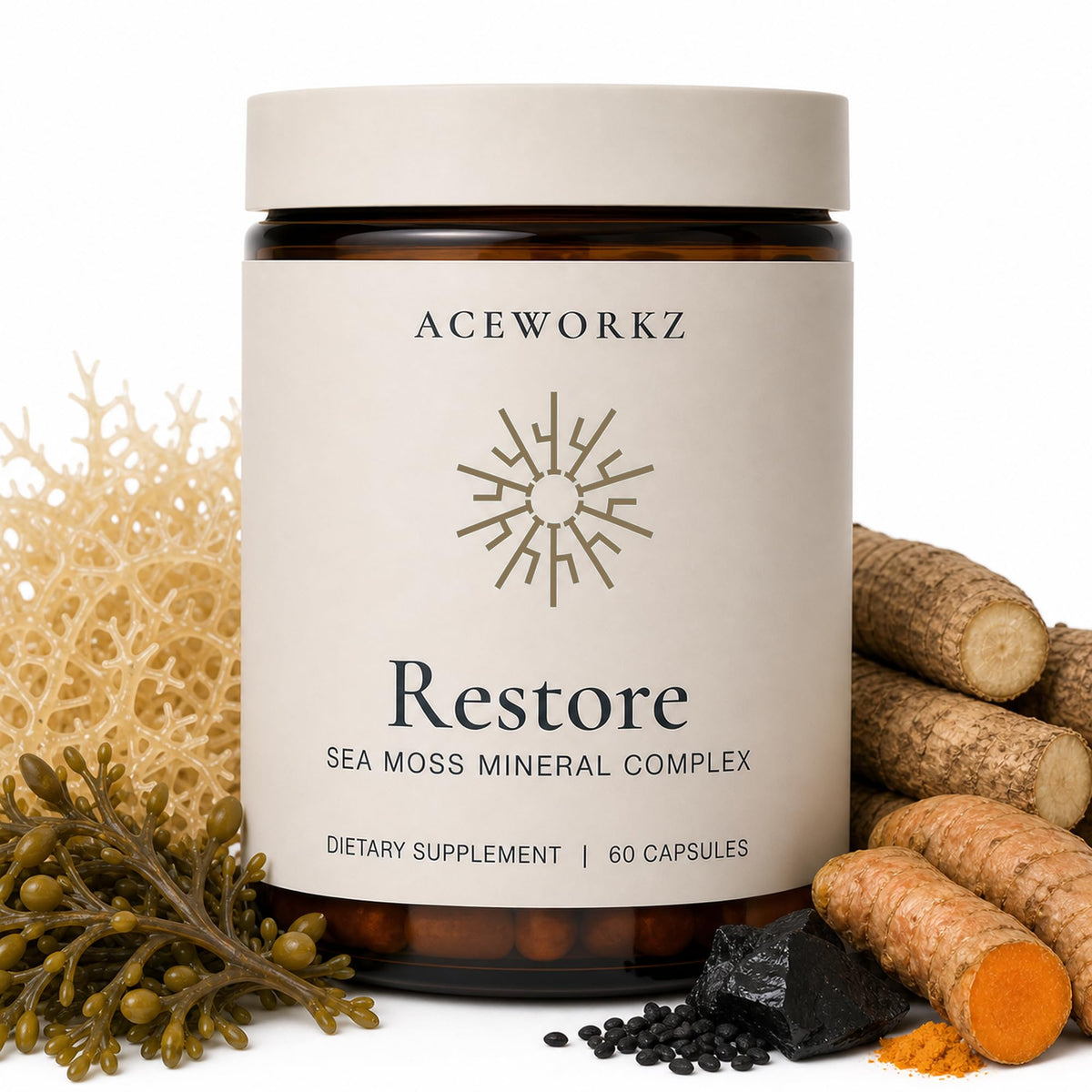 Bouteille de 60 capsules de ACEWORKZ Restore Mousse de Mer Minéral avant