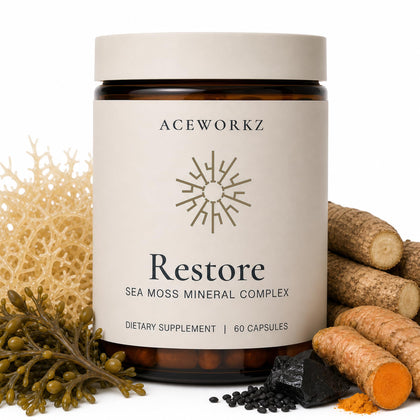 Bouteille de 60 capsules de ACEWORKZ Restore Mousse de Mer Minéral avant