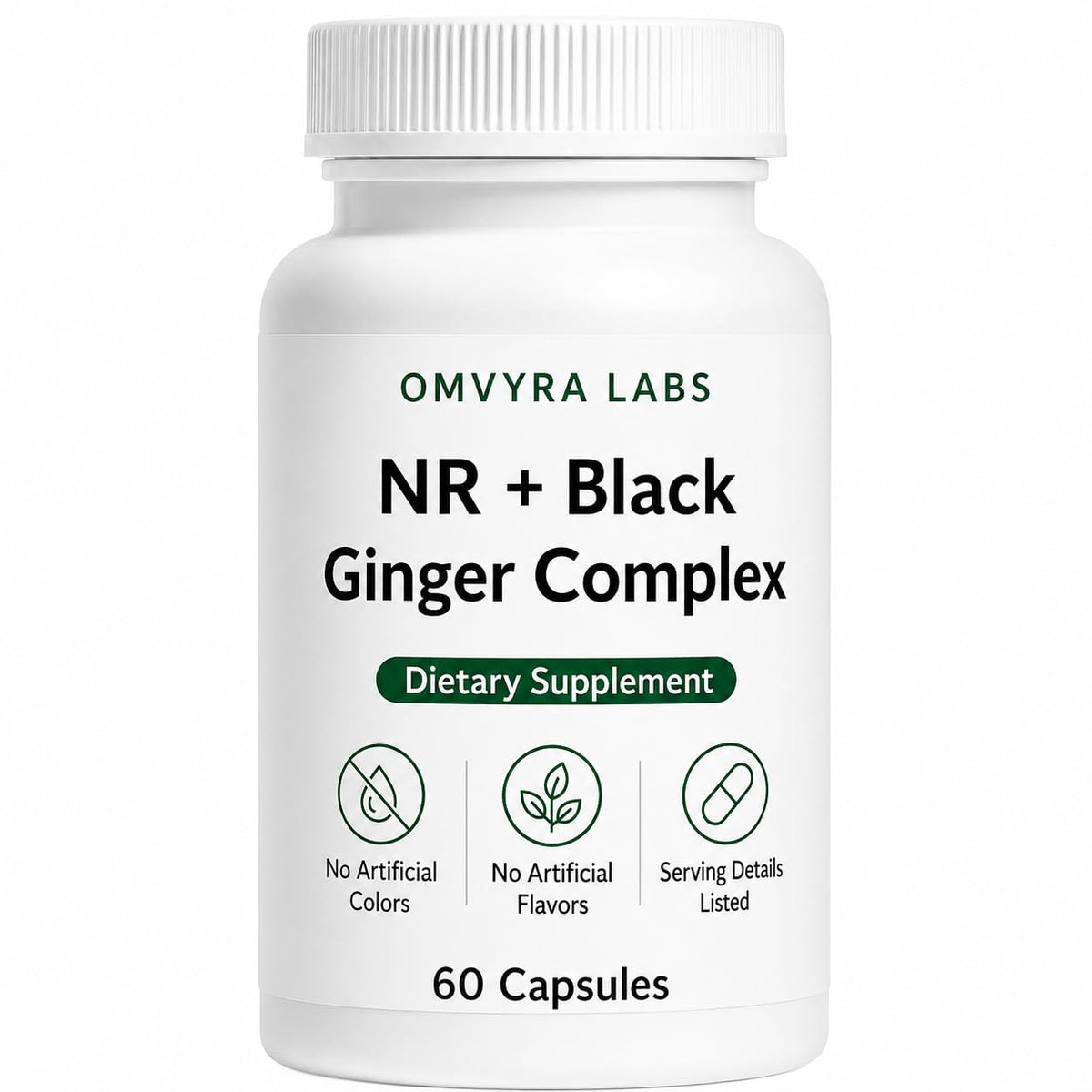 Bouteille de 60 capsules de Complexe de Gingembre Noir d'Omvyra Labs, vue de face
