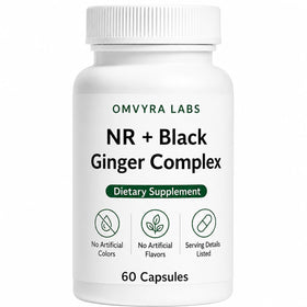Bouteille de 60 capsules de Complexe de Gingembre Noir d'Omvyra Labs, vue de face