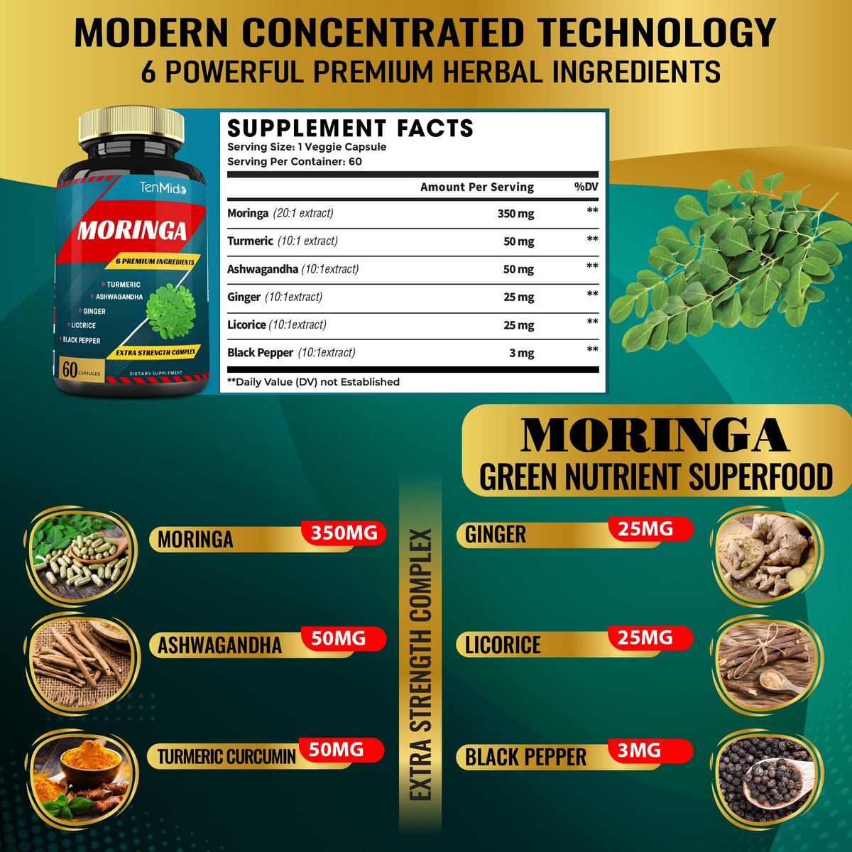 Bouteille de 60 capsules de Moringa Tenmido ouverte