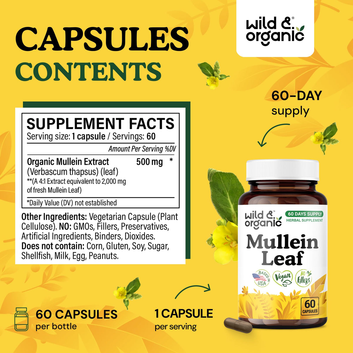 Bouteille de 60 capsules de mullein Wild & Organic sur une surface plane