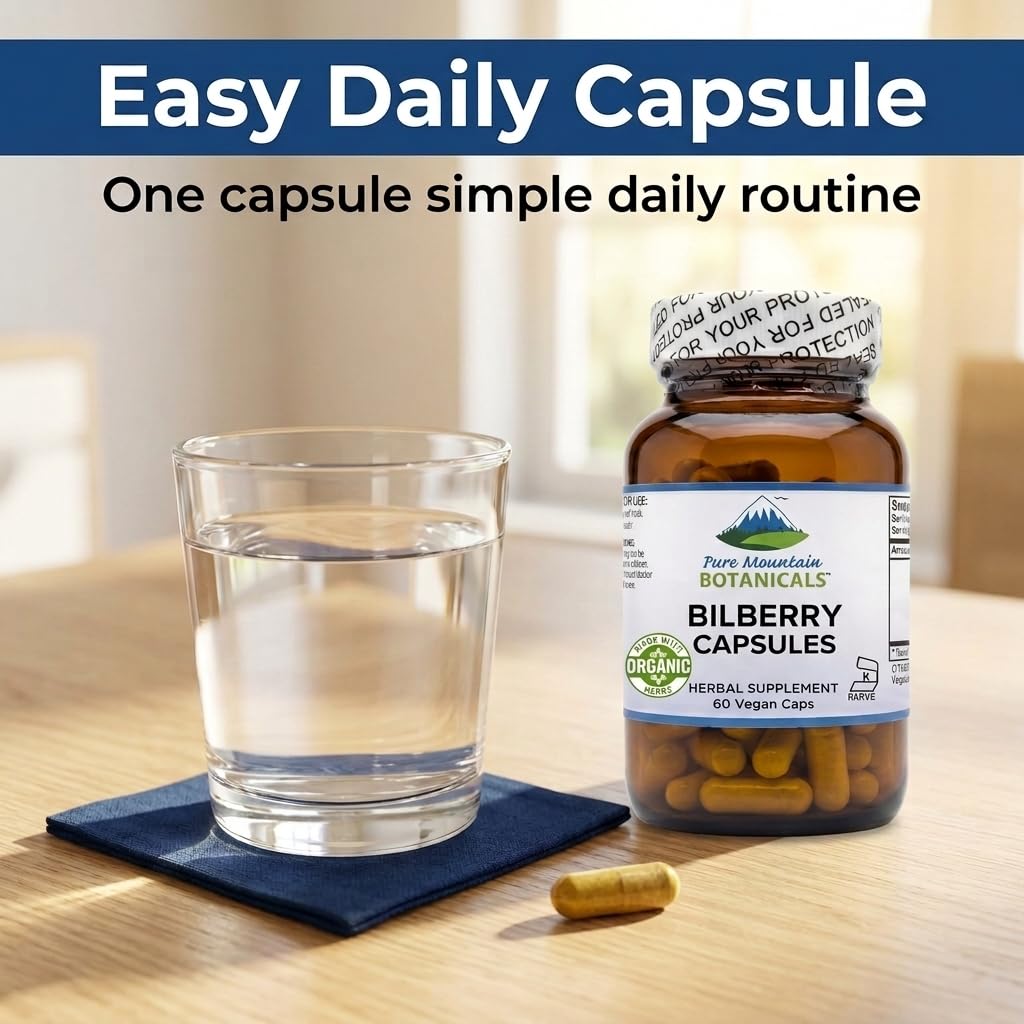 Bouteille de 60 capsules de myrtille sur une surface en bois