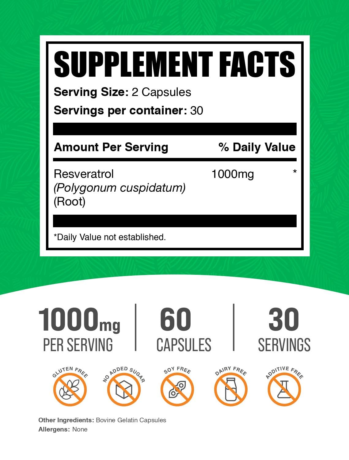 Bouteille de 60 capsules de resvératrol BulkSupplements
