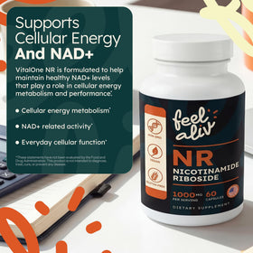 Bouteille de 60 capsules Feelaliv Nicotinamide Riboside avec étiquette claire
