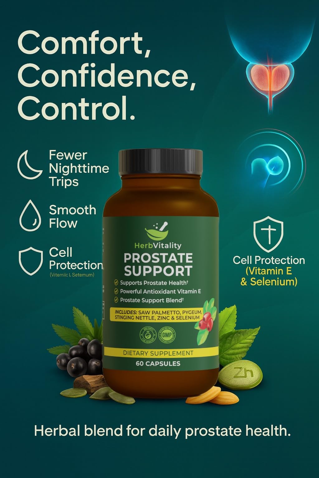 Bouteille de 60 capsules Herb Vitality Prostate avec lumière naturelle