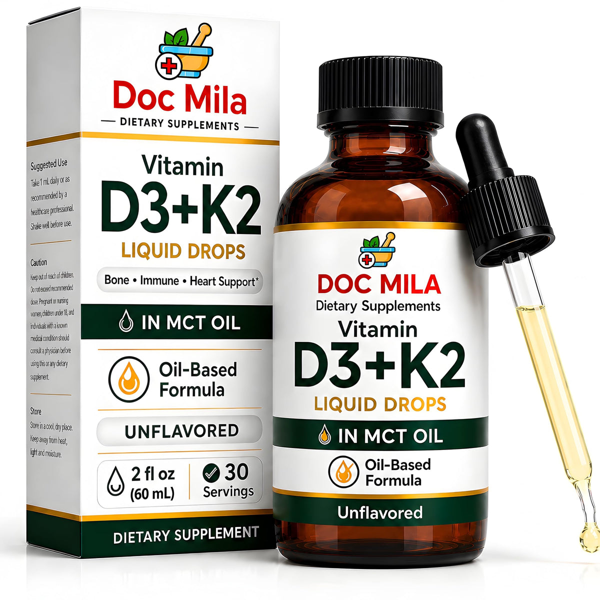 Bouteille de 60 mL de Gouttes de Vitamine D3 K2 Doc Mila