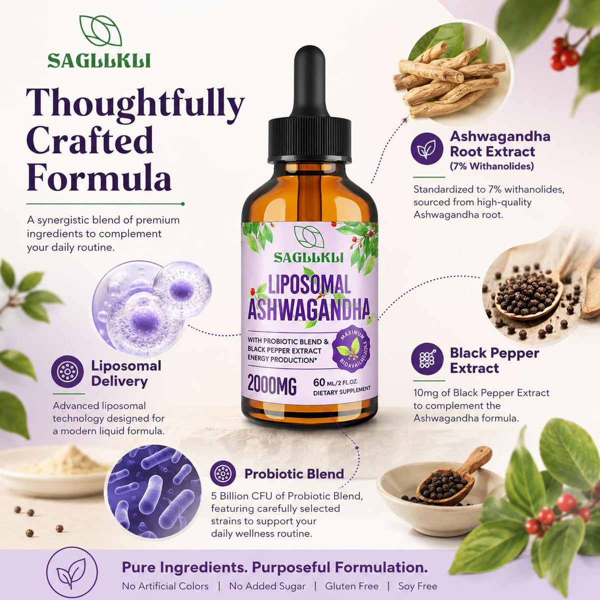 Bouteille de 60ml de gouttes d'Ashwagandha Sagllkli sur une table