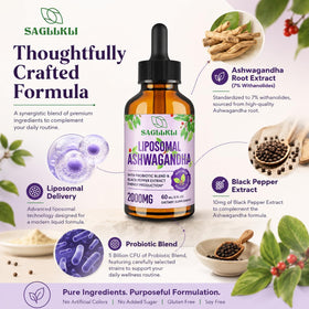 Bouteille de 60ml de gouttes d'Ashwagandha Sagllkli sur une table