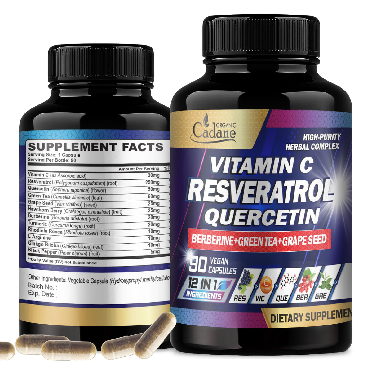 Bouteille de 90 capsules de Resvératrol Organic Cadane vue de face