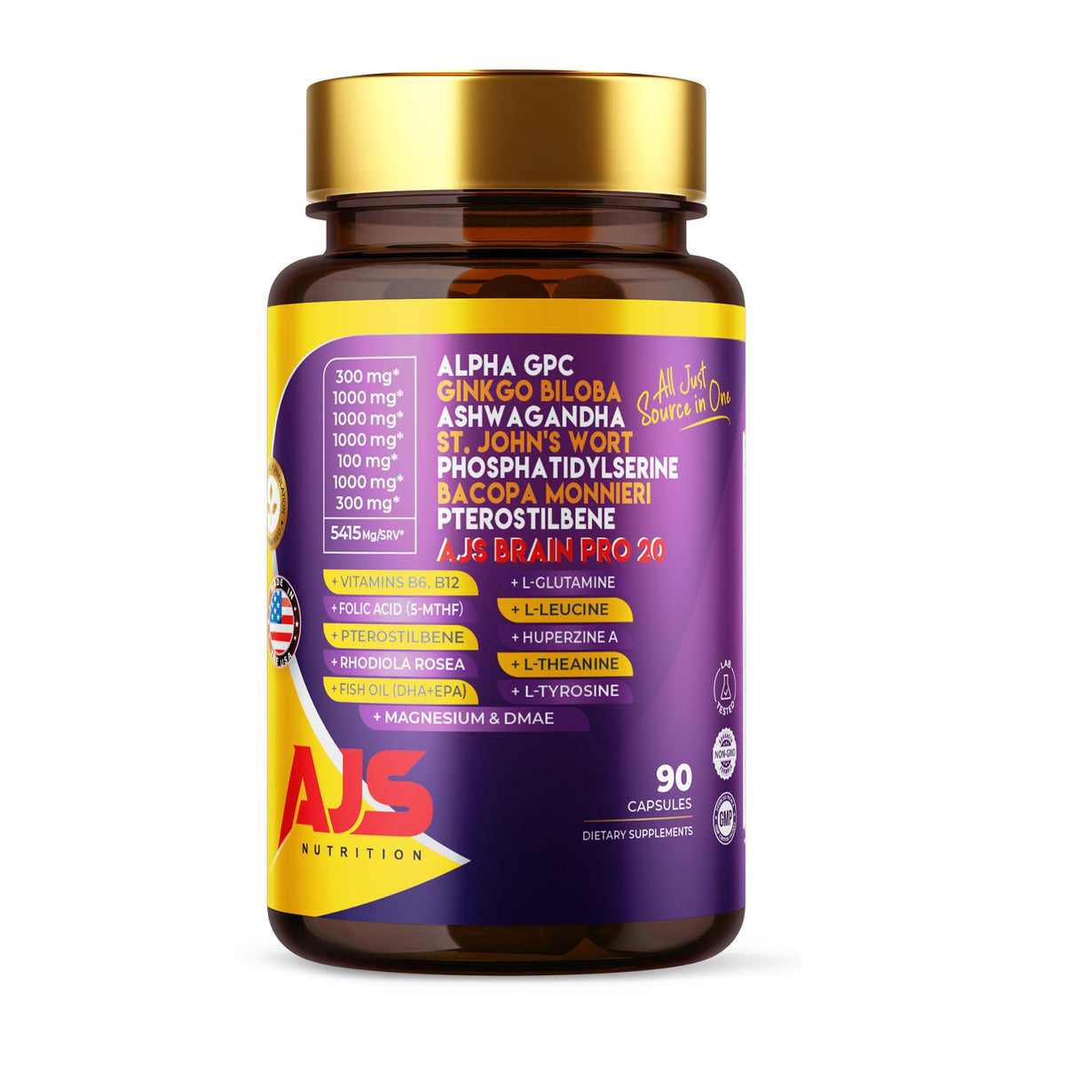 Bouteille de AJS Nutrition complément cérébral 90 capsules vue de face