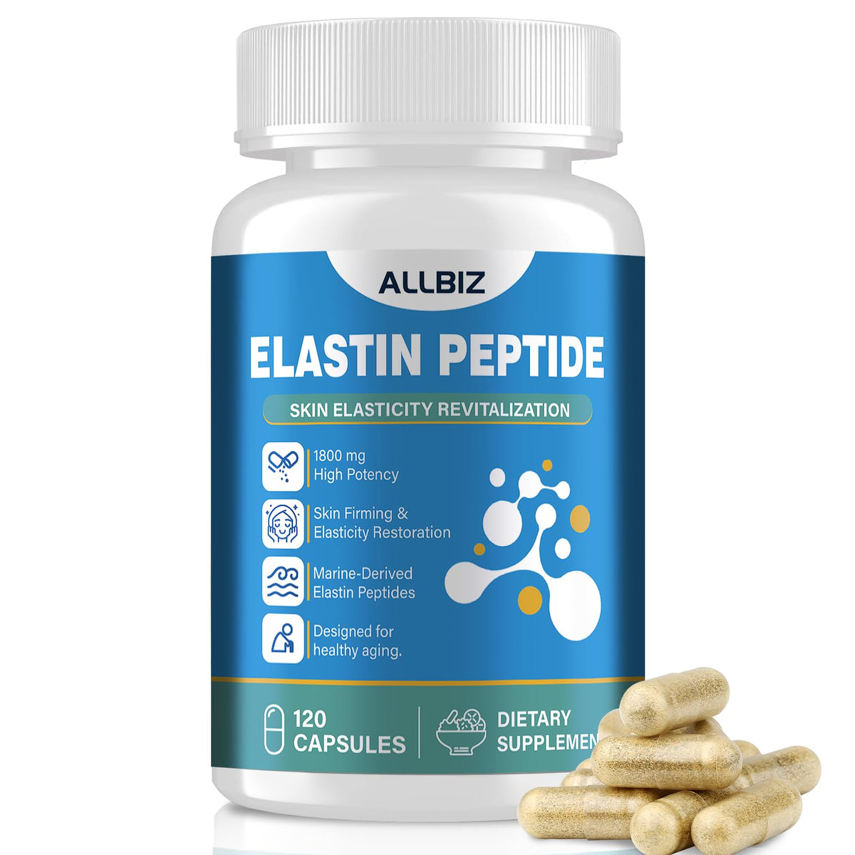 Bouteille de ALLBIZ Complément Alimentaire Elastine Peptides 120 capsules