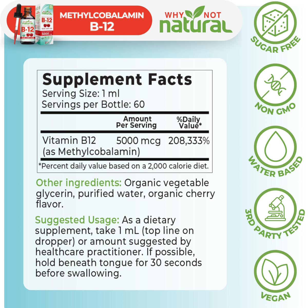 Bouteille de B12 Liquide 5000 mcg de Why Not Natural sur une table
