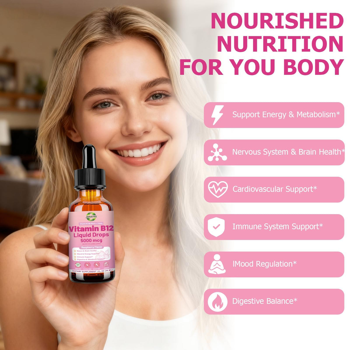Bouteille de B12 liquide JUIWEFKK sur une table