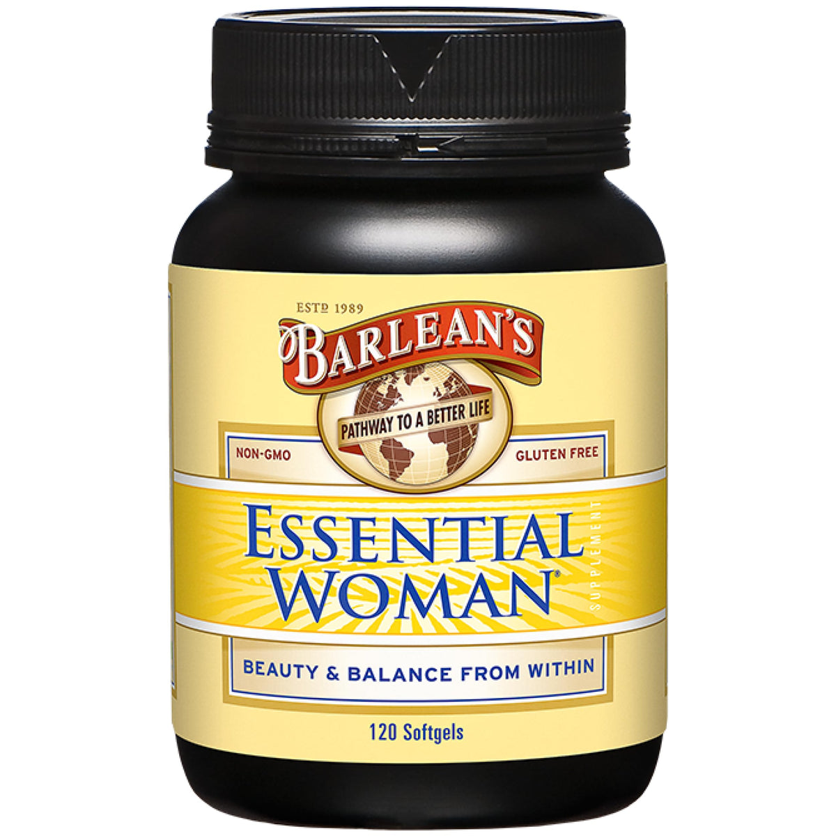 Bouteille de Barlean's Essential Woman 120 gélules végétales vue de face
